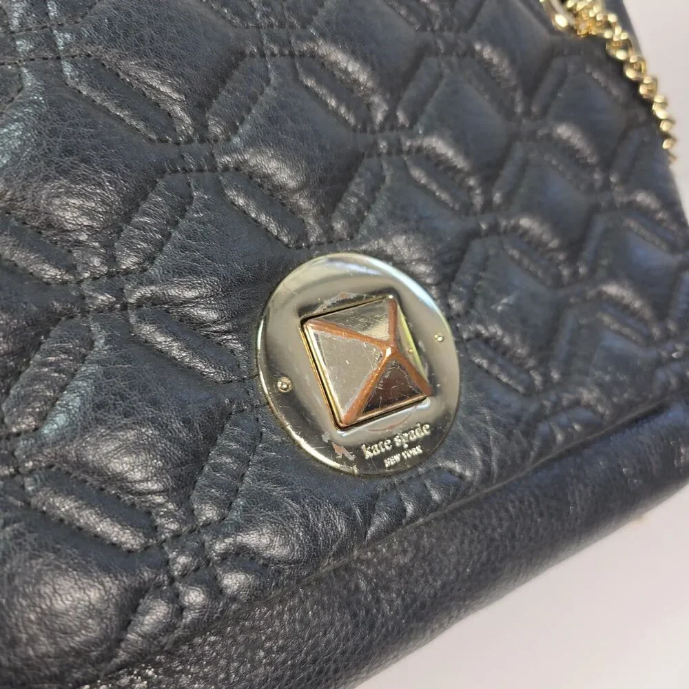 Kate Spade Black Quilted Leather Chain Crossbody Shoulder Bag Turn Lock